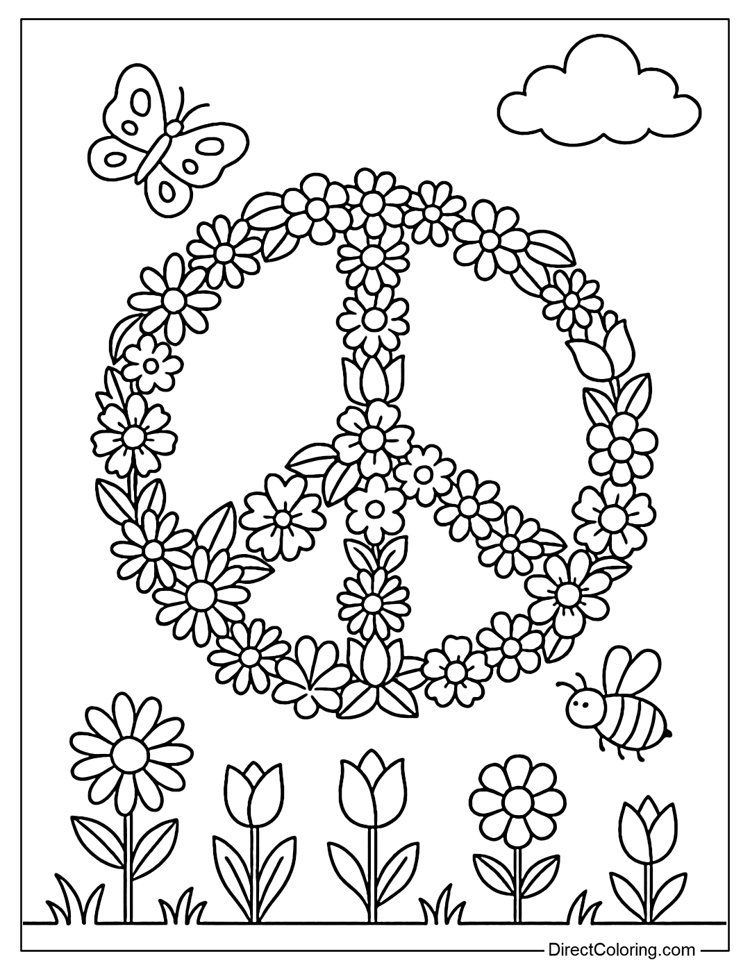 Coloring page of a garden with flowers forming a peace symbol, with butterflies and bees flying.